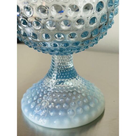 EUC Duncan Miller Blue Opalescent Glass Footed Hobnail Vase Ruffle Crimped - Picture 7 of 16